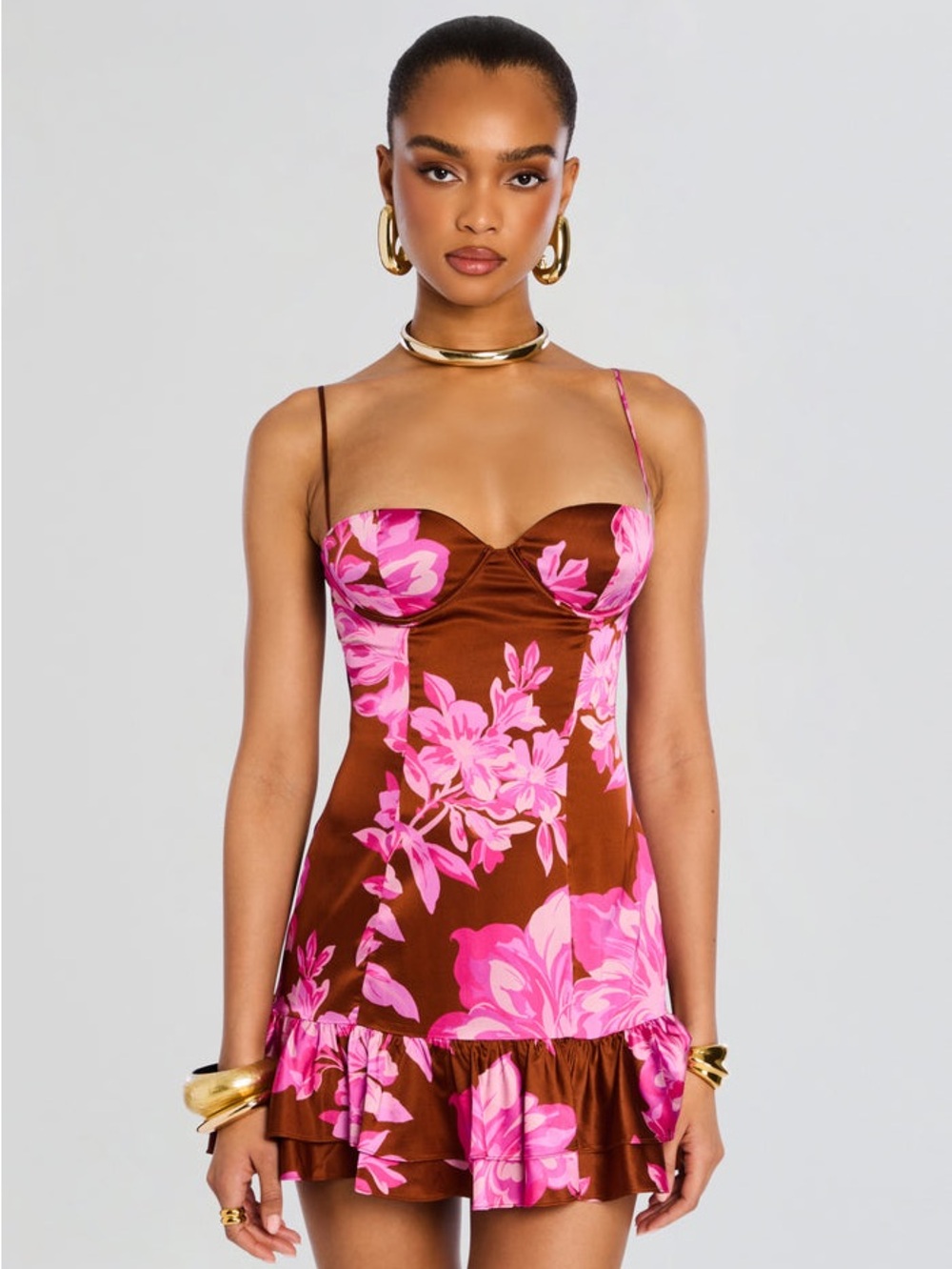 Retrofete SHELBY DRESS Brown Mini Dress with Pink Floral Print and Ruffle hem - Picture 3 of 4